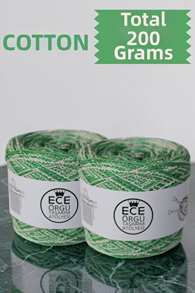 Ece Örgü Tasarım Atölyesi Πράσινο γρασίδι, 100% βαμβάκι, πράσινη λάμψη, εκρού...