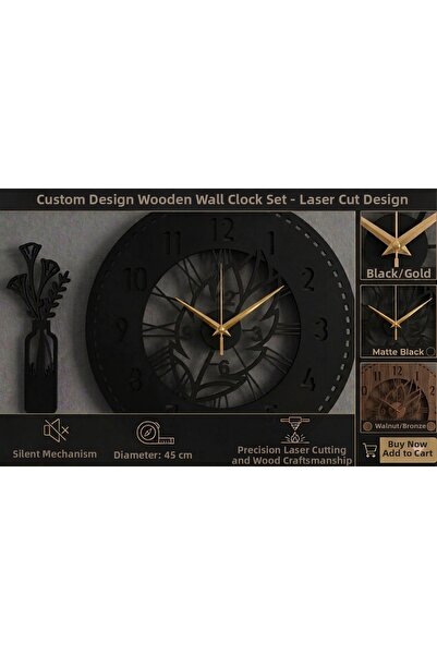 AS TASARIM LAZER Lura Decorative Wooden Wall Clock and Vase Set Black Color 4...