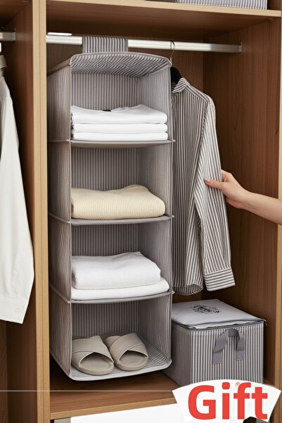 Textile sweet Οργάνωση ντουλαπιού 4 θέσεων Ράφι Γκρι ριγέ Πτυσσόμενο ντουλάπι...