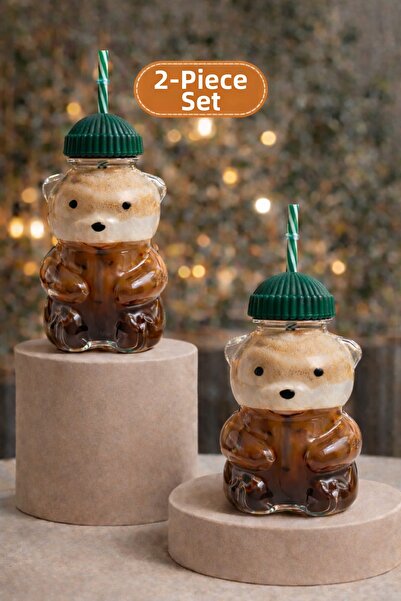 NOKKA Set of 2 Large Teddy Bear Glass Cups with Straw and Lid – Coffee and Co...