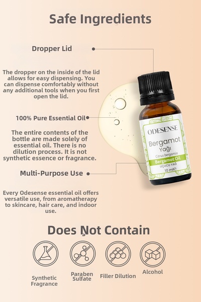 ODESENSE Bergamot Essential Oil 10 ml 100% Natural and Pure Content Bottle with Dropper Cap No Additives