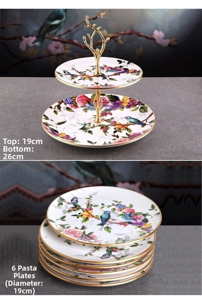 Pinkev Flora 7 Piece Ceramic Cake Plate Layered Cookie Holder Presentation Se...