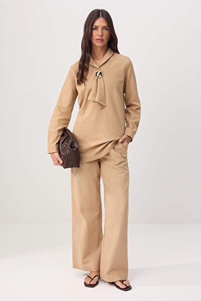 Trendyol Modest Μπεζ Κανονικό Λινό σετ με μεικτό ύφασμα Απλή ύφανση Hijab - Σ...