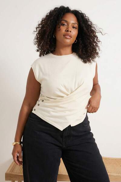 Trendyol Curve Bluză subțire de vară din bumbac ecru cu detaliu încrucișat TB...