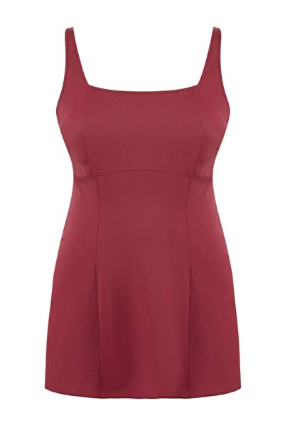 Trendyol Curve Μαγιό μεγάλου μεγέθους με μπορντό τετράγωνο γιακά και φούστα T...