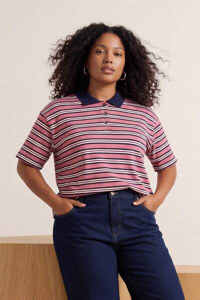 Trendyol Curve Ροζ Πόλο Γιακάς Ριγέ Κοντό Πλεκτή Μπλούζα Μεγάλου Μεγέθους TBB...