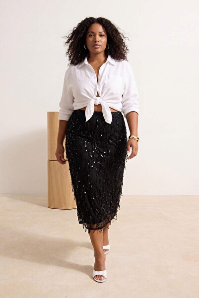 Trendyol Curve Μαύρη υφαντή φούστα για πάρτι Midi Plus Size TBBAW26AZ00062