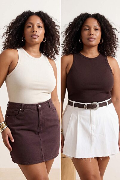 Trendyol Curve Εκρού-Καφέ Πακέτο 2 τεμαχίων Πλεκτό Ελαστικό Καμιζόλ με Λαιμόκ...