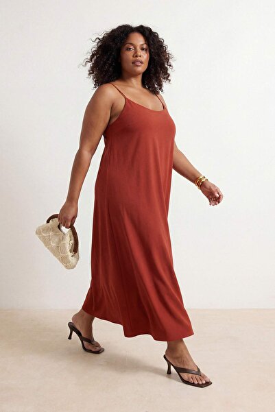 Trendyol Curve Φόρεμα Kiremit Shally Υφαντό σε μεγάλο μέγεθος