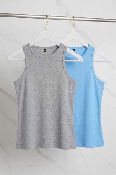 Trendyol Curve Indigo-Grey 2-pack Halter Collar Camisole Ελαστικό Πλεκτό Μεγά...