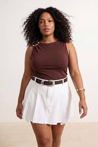 Trendyol Curve Brown Accessory Detailed Sleeveless Sandy Knitted Plus Size Bl...