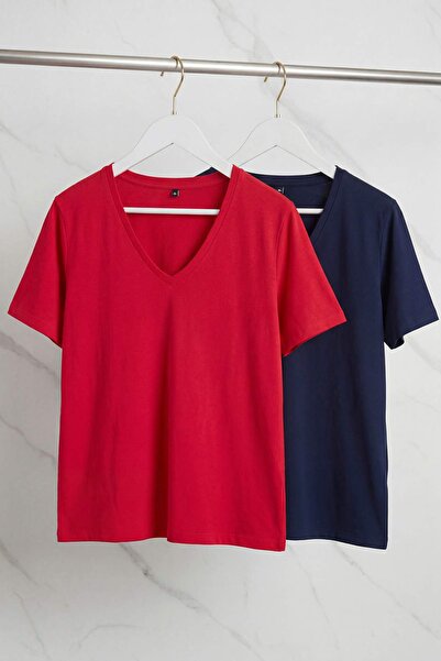 Trendyol Curve Κόκκινο-Μπλε Σκούρο Πακέτο 2 τεμαχίων Βασικό μπλουζάκι με λαιμ...