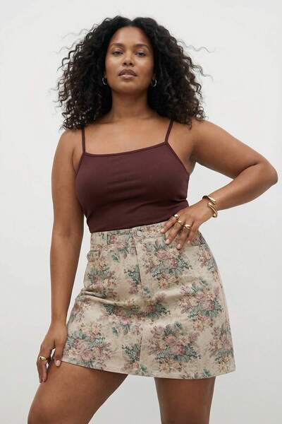 Trendyol Curve Πολύχρωμη ελαστική ψηλόμεση φούστα Με φλοράλ μοτίβο 100% Βαμβά...