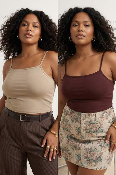 Trendyol Curve Καφέ-μπεζ 2-τεμαχιακό πακέτο με λουράκια, εφαρμοστό, ελαστικό ...