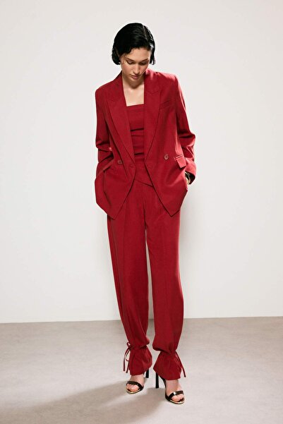 Συλλογή Trendyol Trendyol Studio Κόκκινο λινό υφαντό μπλέιζερ με επένδυση και...