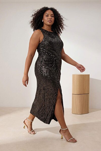 Trendyol Curve Χρυσό πλεκτό φόρεμα με παγιέτες, κομψό βραδινό φόρεμα σε μεγάλ...