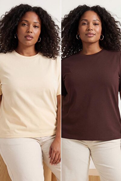 Trendyol Curve Καφέ-Μπεζ 2-τεμαχιακή συσκευασία Lycra Βαμβακερή Πλεκτή Μπλούζ...