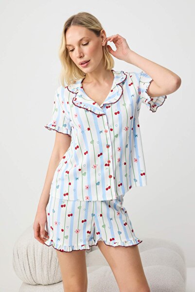 Συλλογή Trendyol Λευκό-μπλε σετ πιτζάμες με διασκεδαστικά σχέδια και βολάν TH...