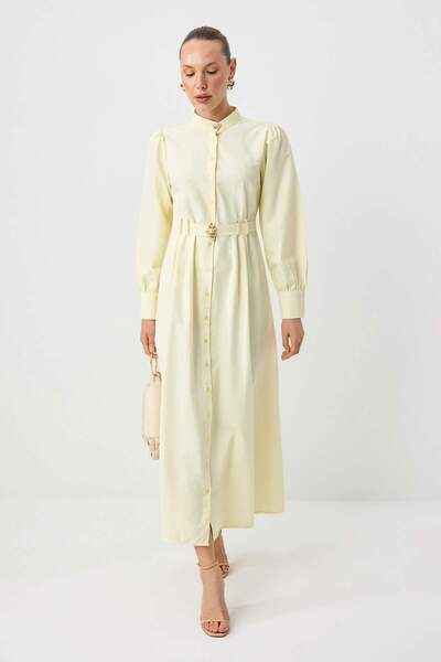 Trendyol Modest Ανοιχτό κίτρινο φόρεμα με ζώνη Χωρίς φόδρα Απλή ύφανση από βα...