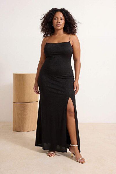 Trendyol Curve Μαύρο Με φόδρα Glitter Knitted Long Classy Plus Size Βραδινό Φ...