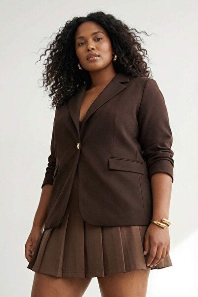 Trendyol Curve Dark Brown Accessory Buttoned Regular Fit Woven Blazer Jacket ...
