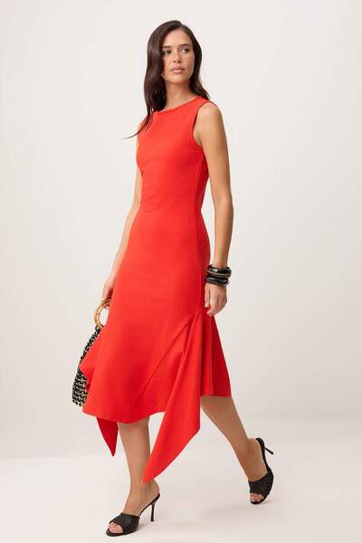 Συλλογή Trendyol Κόκκινο ίσιο φόρεμα σε γραμμή Α με λαιμόκοψη ποδηλάτου, αμάν...