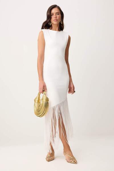 Συλλογή Trendyol Εκρού Πλεκτό Κομψό/Βραδινό Φόρεμα με Λεπτομέρεια Φούντας TPR...