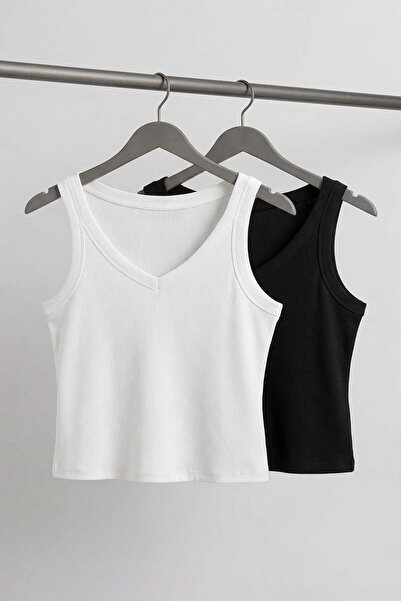 Trendyol Curve Μαύρο-λευκό πακέτο 2 τεμαχίων με λαιμόκοψη V και πλεκτό πλεκτό...