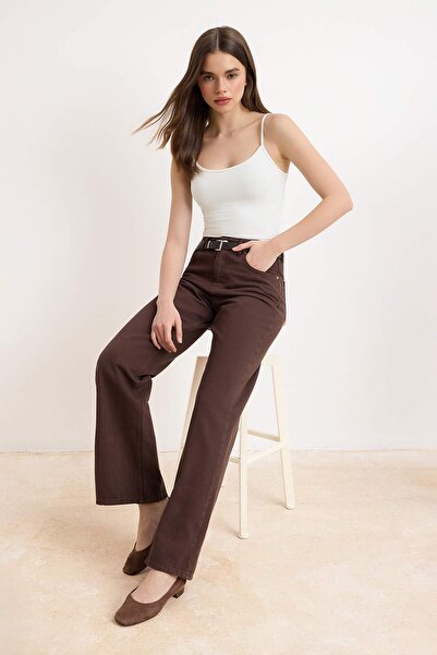 Συλλογή Trendyol Καφέ Τζιν Ψηλόμεσο 100% Βαμβακερό με φαρδιά μπατζάκια TWOSS2...