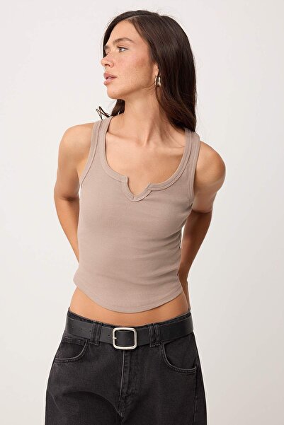 Trendyol Collection Mink Fitted/V-Neck Thick Strap Sleeveless Corded Fabric S...