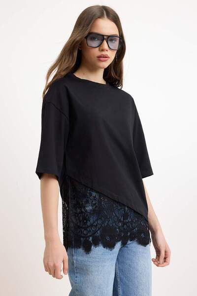 Συλλογή Trendyol Μαύρο κανονικό/φυσικό πλεκτό μπλουζάκι με δαντέλα και κοντό ...