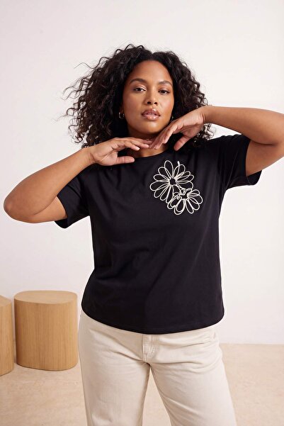 Trendyol Curve Μαύρο 100% βαμβακερό κανονικό/κανονικής εφαρμογής πλεκτό μπλου...