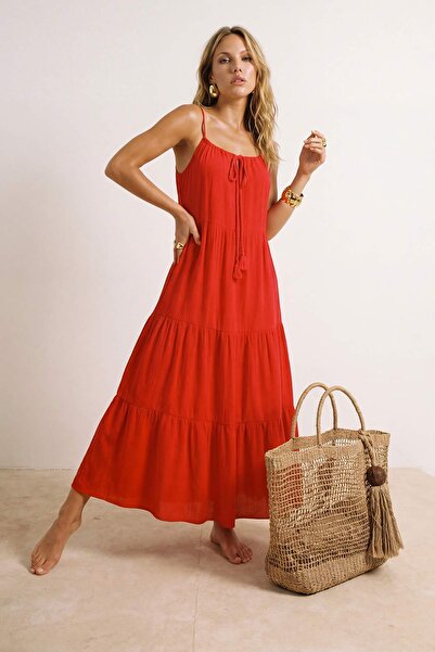 Συλλογή Trendyol Φόρεμα παραλίας με λεπτομέρεια με σχισμή Υφαντό Maxi Nar Çiç...