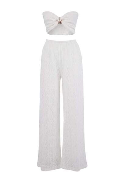 Συλλογή Trendyol Εκρού Πλεκτό Σετ Φούστας και Μπλούζας Παραλίας σε Μάξι Μήκος...