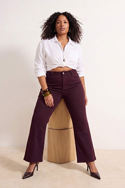 Trendyol Curve Μπορντό υψηλόμεσο ελαστικό ύφασμα καμπάνα Flare Fit Plus Size ...