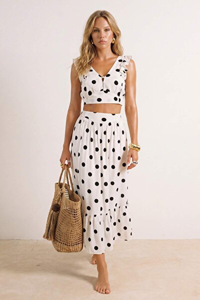 Συλλογή Trendyol Σετ μπλούζα-φούστα παραλίας με πουά υφάσματα και βολάν TBESS...