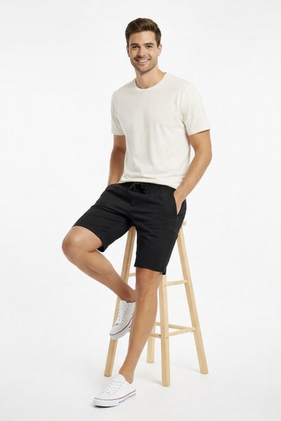 TheSeason Men's Black Cotton Linen Look Relaxed Shorts with Elastic Waist