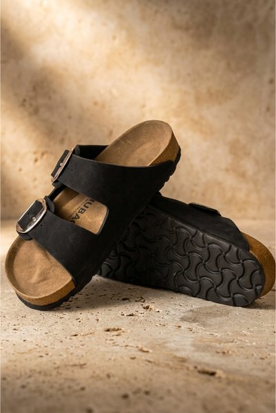 ALTINER Black Nubuck Double Buckle Premium Women's Slippers