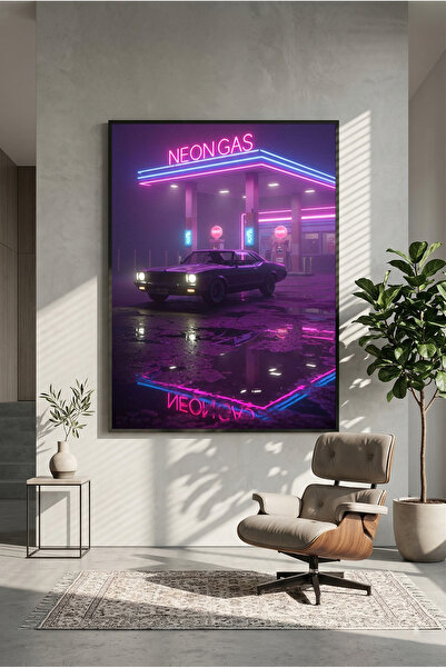 postercraft Poster/Tablou modern cu neon, stație de benzină, artă pe panou "