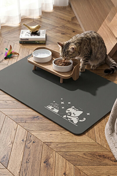 MatGo Pati Mama Çeken Kedi Gri Renk Beslenme Matı Kaymaz Sıvı Geçirmez Kedi K...