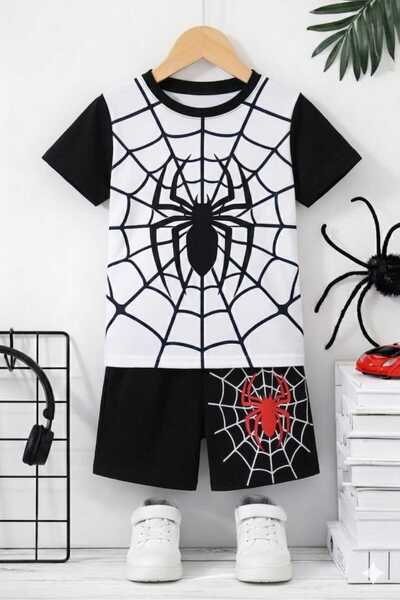 MİNİK MODA EVİ طقم شورت صيفي للأولاد من قطعتين بنقشة العنكبوت (منتج صيفي) (اش...