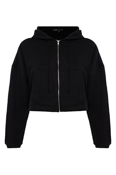 Sofist İstanbul Siyah Essentials Fit Kadın Zip Hoodie %100 Pamuk Kapüşonlu Dü...