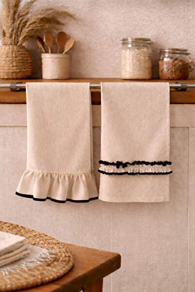 Mirilliahome Bej Keten Fırfırlı 2’li Set 35x55 cm Doğal Kurulama Bezi