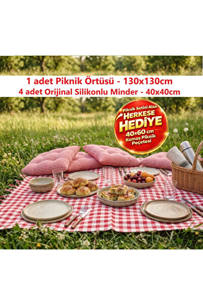 serelya Kırmızı Kareli Piknik Seti 130x130 cm Orjinal Silikon Minderli Piknik...