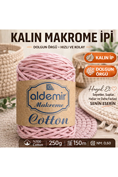 aldemir Kalın Makrome Çanta İpi 3mm 250gr 150m Pamuk Nm:0.60 | Supla Şapka Ya...