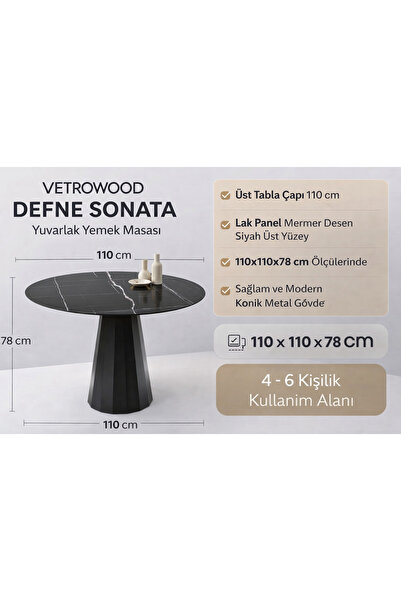 VETROWOOD Defne Sonata Yuvarlak Yemek Masası 110 cm Çapında Mutfak Masası Sab...