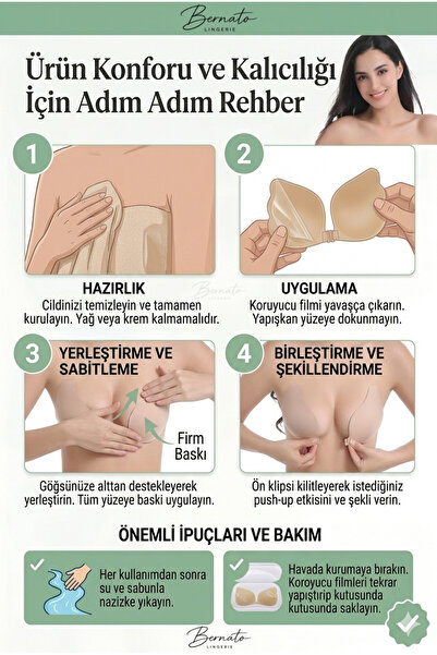 Bernato Önden Klipsli Askısız Dikişsiz Dolgun Gösterme Özellikli A Kalite Yapışkanlı Sütyen