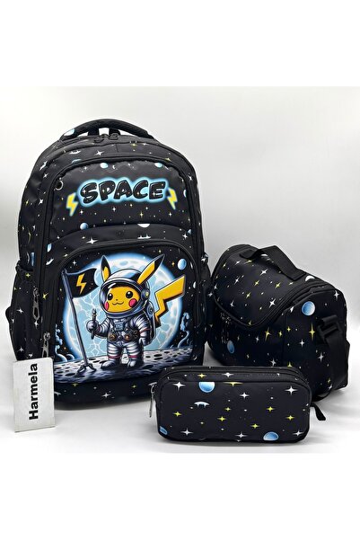 Harmela Black Primary School Character Patterned 3-Piece Set; Boy's Primary S...