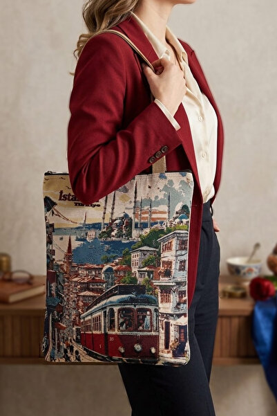 Goblen Çanta İstanbul Baskılı Vintage Tasarım Omuz Çantası Kanvas Tote Bag