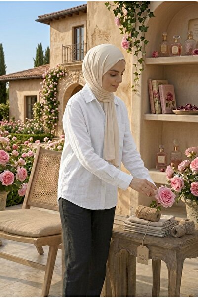 miremiran قميص بياقة محتشمة من قماش الكتان الطبيعي بقصة فضفاضة ومريحة باللون ...